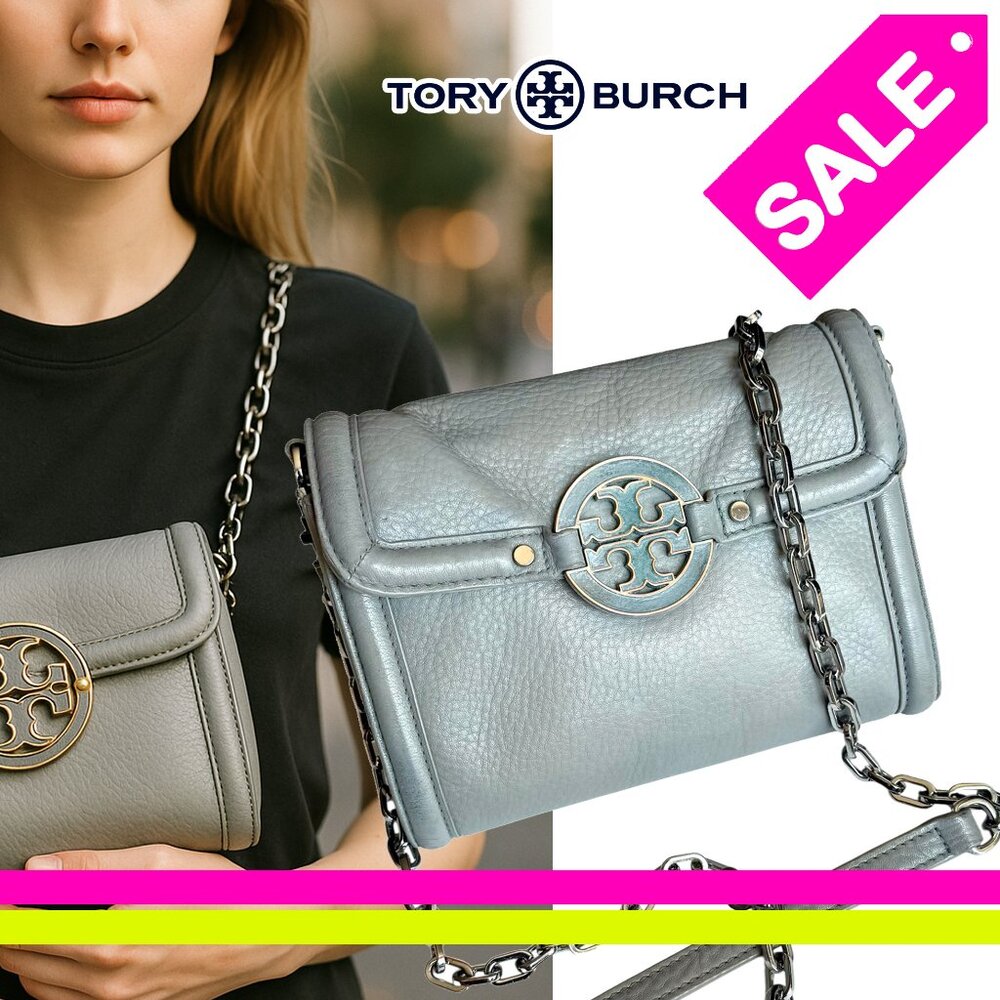 Tory Burch Grey Leather Amanda Silver Chain Crossbody Bag Small
